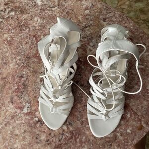 Stuart Weitzman white leather sandals cork heels, US 7, NWOT, only tried on once